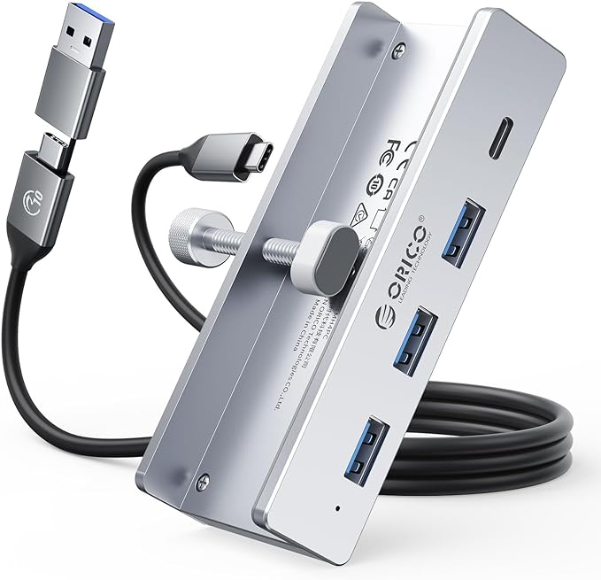 ORICO USB Hub 3.0 Clamp USB Hub with Extra Power Port 3 USB-A Data Ports USB-C Port for Monitors Desks(Silver)