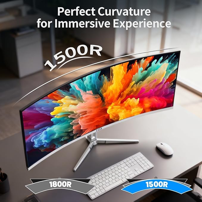 ZZA 34'' Gaming Monitor-165Hz/180Hz WQHD (3440x1440P) Ultrawide 34 White Curved MonitorFreeSync for Tear-Free Gaming100% sRGB HDMI 2.1 &amp DP 1.4PBP ModeWall Mountable