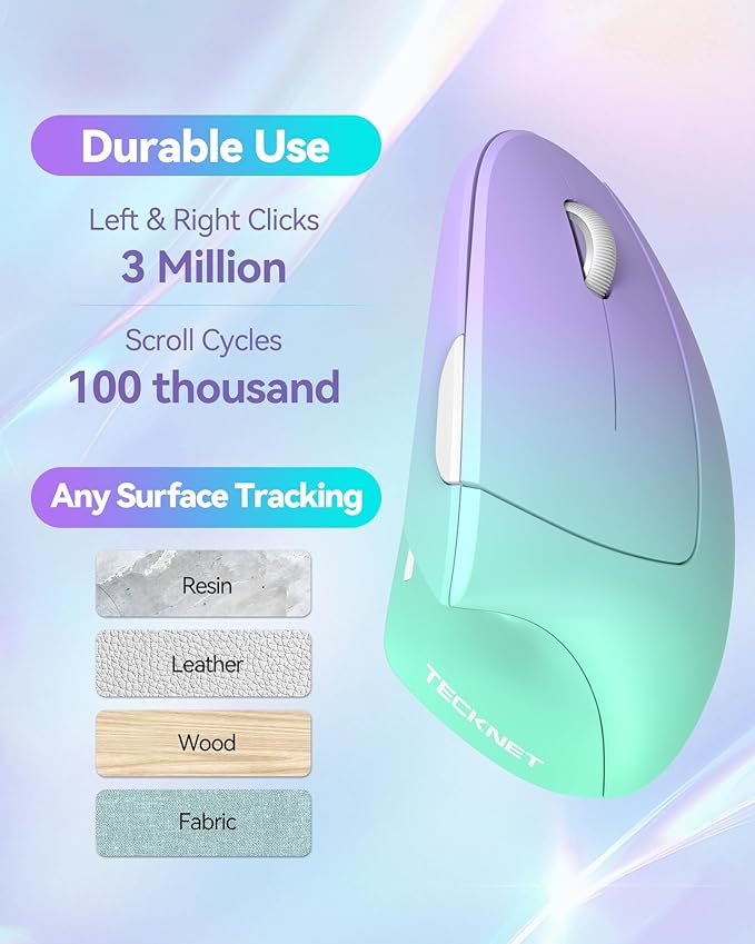 TECKNET 2.4G Ergonomic Mouse Vertical Wireless - 4800 DPI Optical Carpal Tunnel Mice Right Hand 4800 DPI Adjustable Quiet Clicks 6 Buttons for Laptop Desktop PC Computer - Green Purple