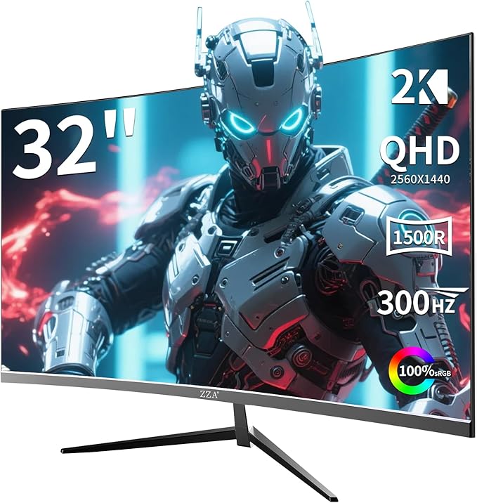 ZZA 32 Inch Curved Gaming Monitor QHD 2560x1440 Ultra 300Hz &amp 240Hz Refresh Rate Computer Monitor VA Panel1500R 1ms HDR AMD FreeSync Premium NVIDIA G-SYNC Compatible