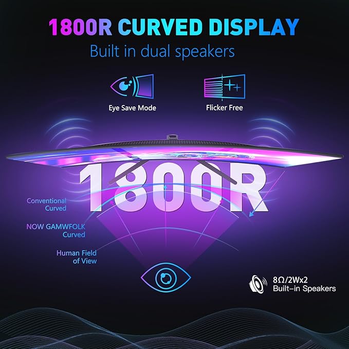 24 Curved Gaming Monitor FHD 1080P 100Hz Refresh Rate 3ms Fast Response FreeSync Eye Protection Display Slim Design with Speakers HDMI/DP VESA Compatible