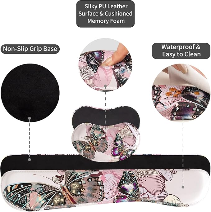 QIYI Leather Desk Mat Set 4-in-1 Large Mouse Pad with Wrist Rest Non-Slip Desk Pad + Keyboard Wrist Rest + Mouse Wrist Support + Coaster Office Desk Accessories Home Decor Supplies Butterflies