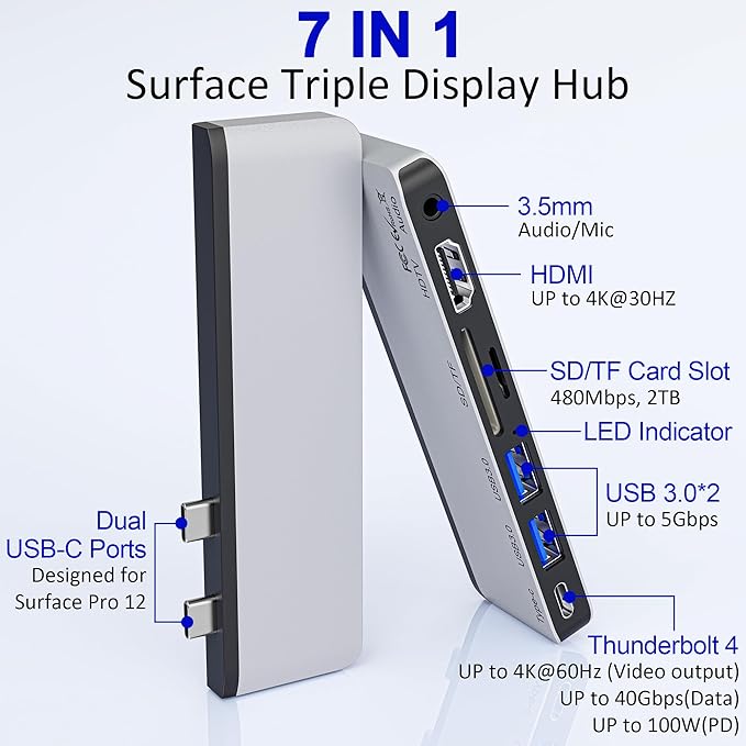 Surface Pro 12 Docking Station Surface Pro 12 Accessories with 4K HDMI Thunerbolt 4 Hub (4K@60Hz Display+ 40Gbps Data+ 100W Charging) 2 USB3.0 SD/TF 3.5mm Audio for Surface Pro 12 inch 2025