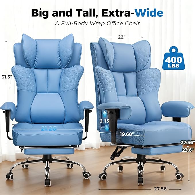 GTPLAYER Big and Tall Office Chair 400LBS Wide Ergonomic Gaming Chair with Deluxe Embossing Designed Leather with Foot Rest150°Reclining Adjustable Soft Armrests Pocket Spring Back Support and Pillow