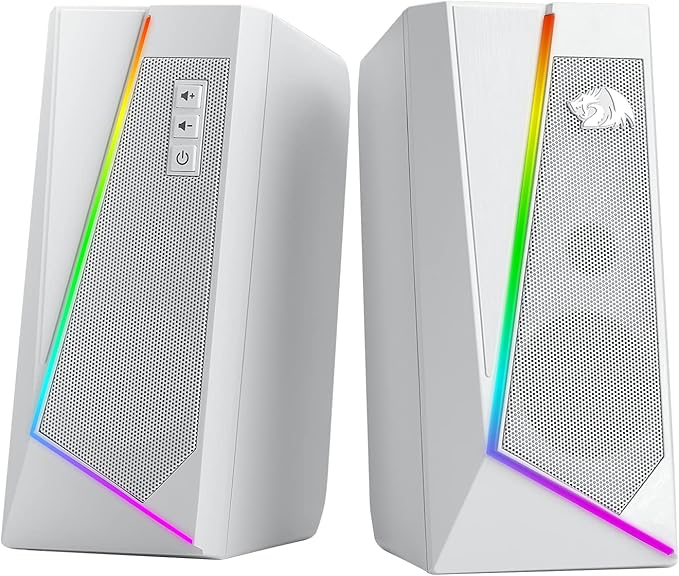Redragon GS520 RGB Desktop Speakers 2.0 Channel PC Computer Stereo Speaker with 6 Colorful LED Modes Enhanced Sound and Easy-Access Volume Control USB Powered w/ 3.5mm Cable White