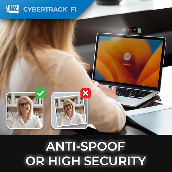 Adesso CyberTrack F1 1080P HD Fixed Focus USB Windows Hello Webcam Camera for Desktop PC Built-in Dual Microphone Privacy Shutter Audio/Video Mode Privacy ON/Off Switch &amp Tripod Mount