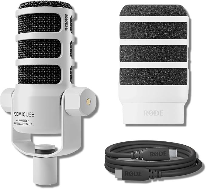 Rode PodMic USB Dynamic Broadcast Microphone (White) with Rode WS14 Pop Filter (White)