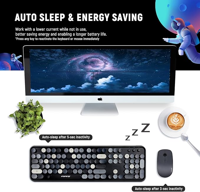 FOPETT Keyboard and Mouse Sets Wireless Keyboard and Mouse SetsReliable 2.4 GHz Connectivity for PCLaptopSmart TV and More (Grey Colorful)