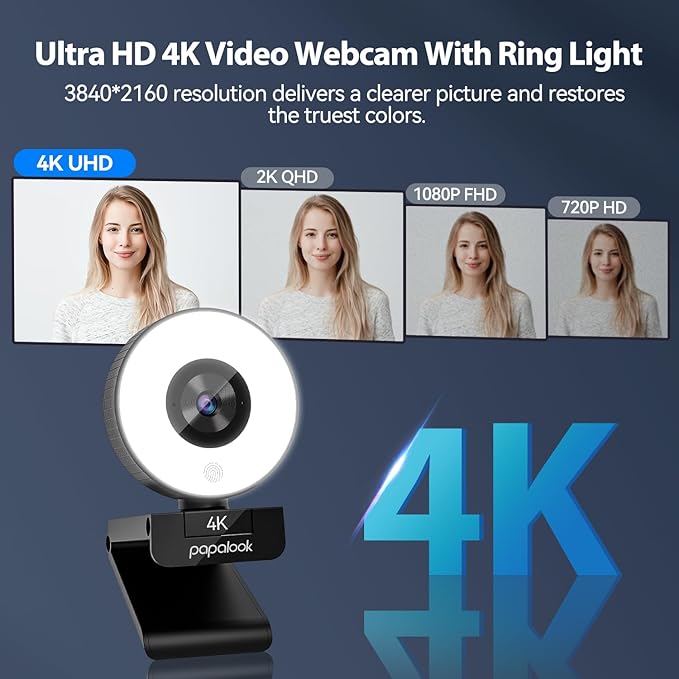 papalook 4K Autofocus Webcam with Light UHD Web Camera with Remote Control and Dual Noise-Cancelling Mics Plug and Play USB Webcams for PC Laptop Zoom Skype Teams Google Meet