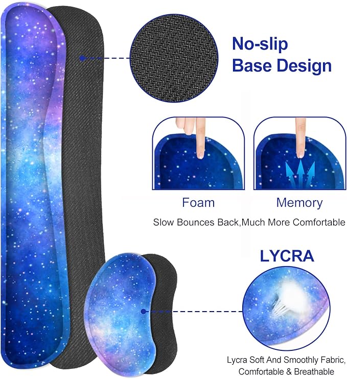 Desk Mat Gaming Mouse Pad Wrist Rest Support Combo XXL Large Mousepad + Keyboard Wrist Support +Mouse Wrist Rest+Coaster Set with Ergonomic Design 4in1 for Home Office Nebula Galaxy