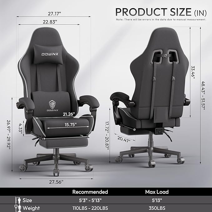 Dowinx Gaming Chair Fabric Big and Tall with Pocket Spring Cushion Massage Game Chair Cloth with Headrest Ergonomic Computer Chair with Footrest 350LBS Black
