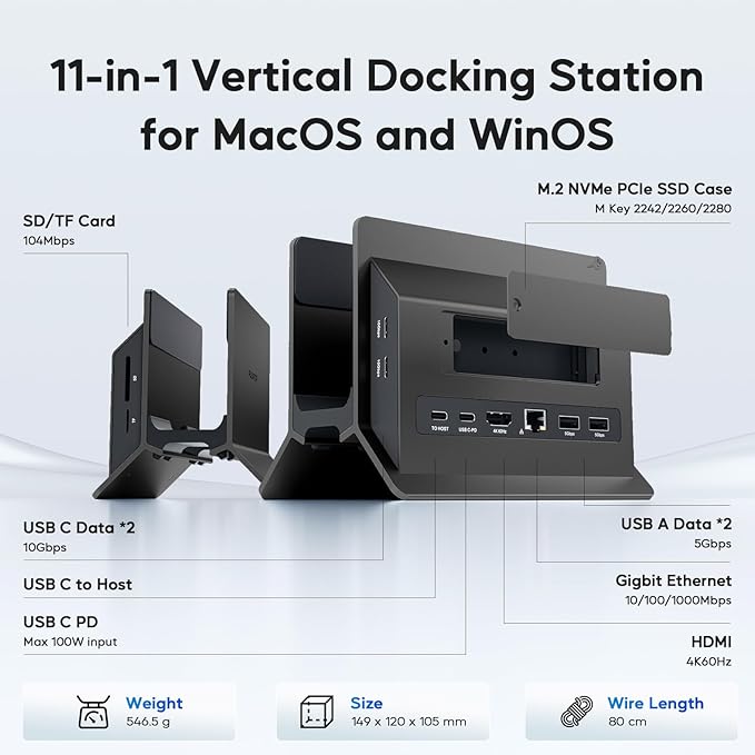 Vertical MacBook Docking Station PULWTOP Docking Station for Mac mini with M.2 NVMe case for MacBook Pro/Air 4K@60Hz HDMI 2USB C 10Gbps SD/TF 100W PD RJ45 2 USB A for Windows Black