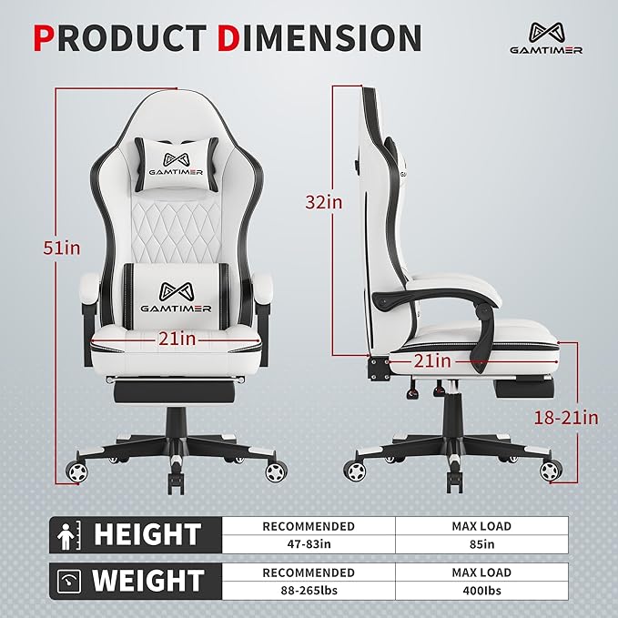 Gaming Chair with Footrest Ergonomic Computer Chair PU Breathable Material with Headrest and Lumbar Support Suitable for Silla Gamer and Adults (White)