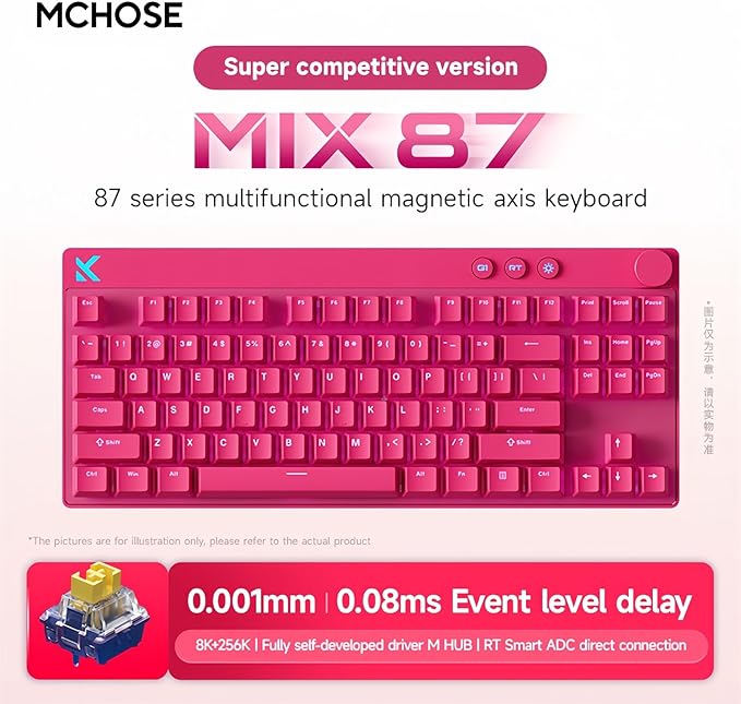 MCHOSE Mix 87 Magnetic Switch Rapid Trigger Gaming KeyboardHall Effect Hyper-Fast Adjustable Actuation Wired TKL Keyboard with Smart RT Mode Knob RGB Translucent Keycaps for PC Gamer (Red)