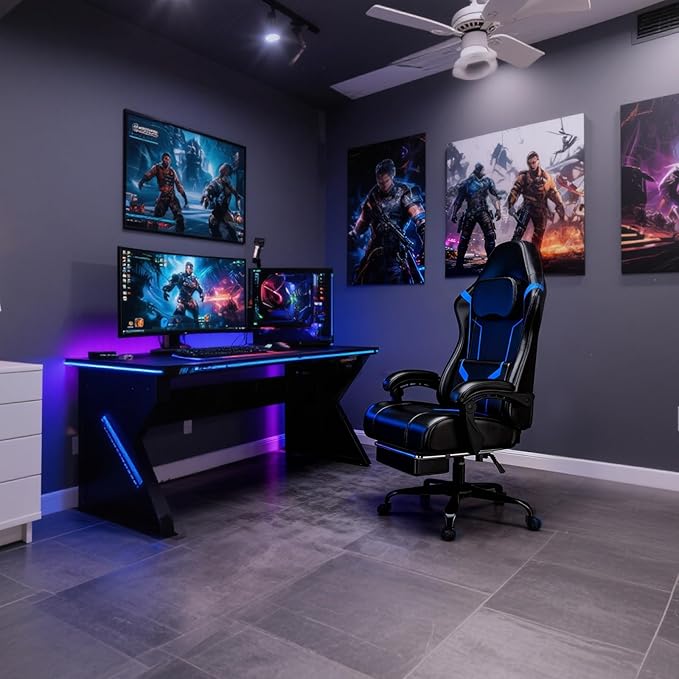Gaming Chair with Pocket Spring Cushion and Footrest Ergonomic Computer Chair for Adults Breathable PU Leather Game Chair Adjustable Headrest and Lumbar Support Office Desk Chair