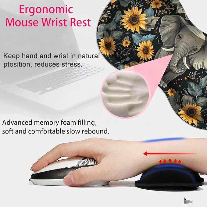 Large Gaming Mouse Pad + Mouse Wrist Rest Pad + Coaster Combination 31.5 x 11.8 Durable Non-Slip Extension Table Mat Suitable for Office and Home Baby Elephant and Sunflower