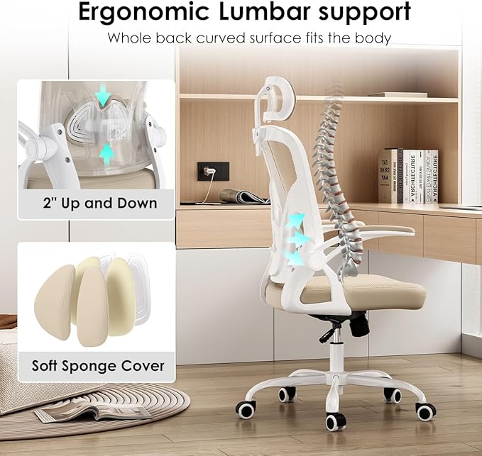Ergonomic Mesh Office Chair with Flip-Up Armrests &amp Lumbar Support - Adjustable Swivel Desk Chair for Home Office and Gaming 350 lbs Capacity (Khaki Model E)