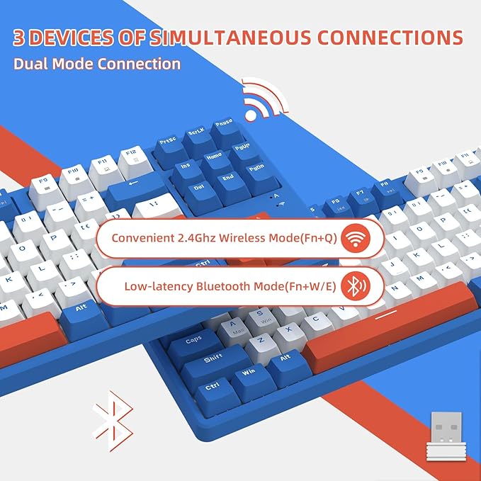 A.JAZZ Wireless Mechanical Keyboard 87 Keys TKL Hot Swappable Bluetooth Gaming Keyboard Dual Mode BT5.0/2.4G with Detachable Frame USB Hub OEM Keycaps Custom Keyboard for PC MAC PS4(Red Switch)