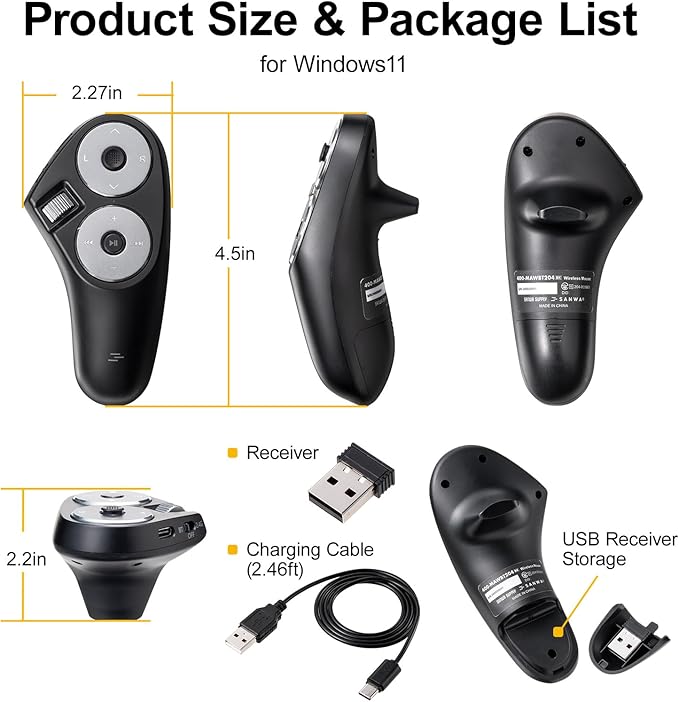 SANWA Bluetooth + 2.4G Wireless Handheld Mouse 3 in 1 Presentation Clicker Remote Air Mouse with Scroll Portable Finger Mice Rechargeable PPT Slide Compatible with Mac PC Laptop Phone Tablet