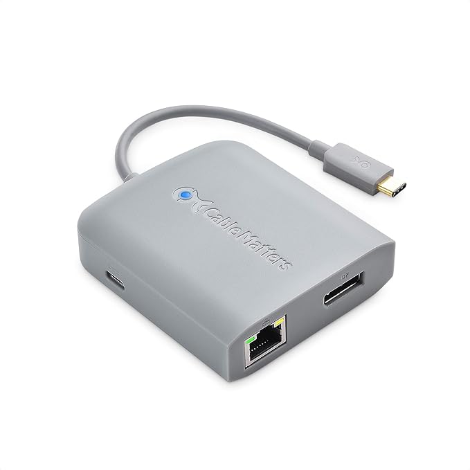 Cable Matters USB C Hub DisplayPort 4K@60Hz (USBC DisplayPort Hub) 100Mbps Ethernet 2X USB 60W Host Charging in Gray - Thunderbolt 4 / Thunderbolt 3 Port Compatible for MacBook Pro