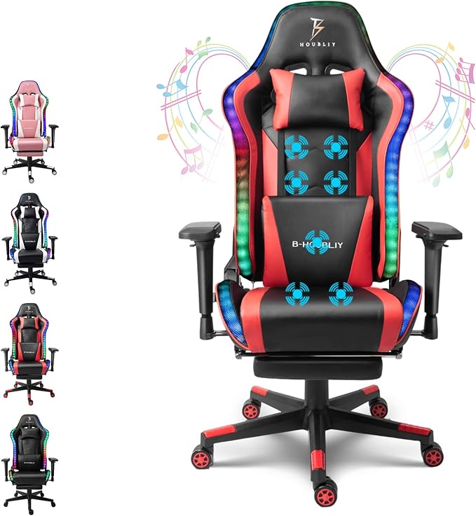 Big and Tall Gaming Chair with Speakers and RGB Lights 7-Point Massage Ergonomic PC Computer Chair with Footrest Headrest Lumbar Support 4D Armrests PU Leather Game Chair Racing ChairRed