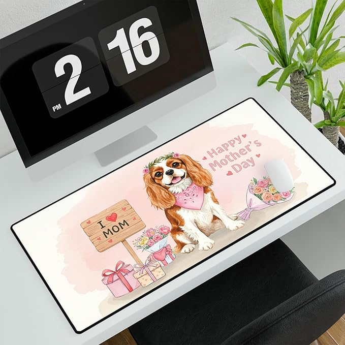 Happy Mother's Day Cavalier King Charles Spaniel Love Dog Mom Heart Flower Desk Mat Full Keyboard Mouse Pad Dog Lover Gifts Large Mousepad 12004