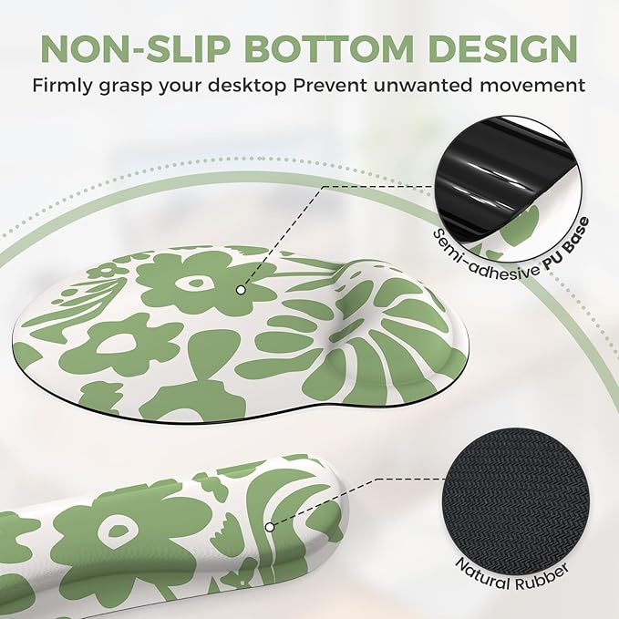 iCasso Desk Cover Mat 4in1 Floral Large Mouse Pad with Wrist Rest Desk Matt for Desktop Anti-Slip XXL Big Computer Ergonomic Mousepad with Wrist Support for Keyboard and Mouse (Green)