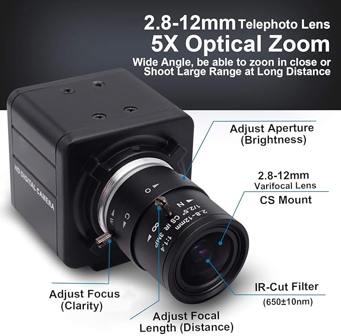 SVPRO 1080P USB Camera with Zoom 2.8-12mm Varifocal LensManual Focus IMX323 SensorLow Light Zoom Webcam UVC USB Plug and Play External Computer Camera for PCLaptop Support H.264