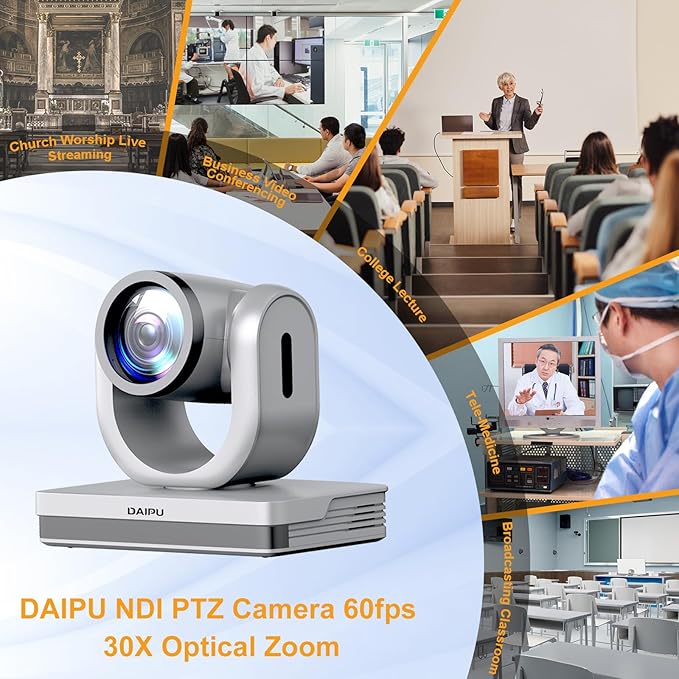 NDI PTZ Camera 30X Optical Zoom 1080P60 HDMI USB3.0 SDI LAN PoE AI Auto Tracking Conference Room Camera 1/2.8CMOS Sensor 255 Presets for Church Worship Live Streaming Business Video Conference