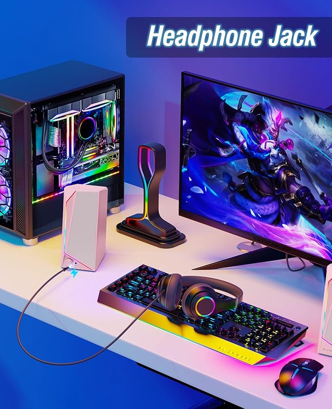 LENRUE Computer Speakers USB/USB-C Powered PC Speakers with Loud Stereo Sound Headphone-in for Desktop Laptop Monitor (USB-C to USB Adapter Included) (Pink)