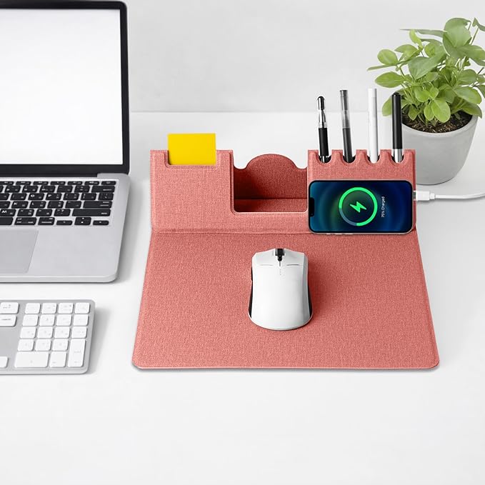 Mouse Pad with Phone Holder &amp Pen Holders Wireless Charging Desk Mat Mousepad Home Office Desk Pad with Ultra-Smooth Surface Non-Slip Base Waterproof Keyboard Pad Classic Pink Desk Mat