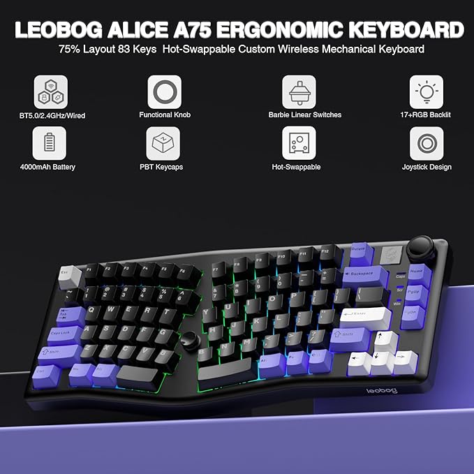 x LEOBOG A75 Alice Ergonomic Keyboard Wireless Mechanical Gaming Keyboard Tri-Mode BT5.0/2.4G/Wired with Joystick and Knob 75% Layout RGB Backlit Hot Swappable Linear Switches for Win