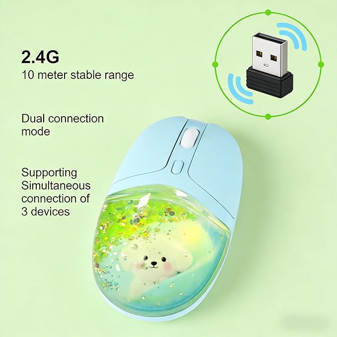 Wireless MouseGlitter Animal Design 3-Device Bluetooth &amp 2.4 G 4000 DPI RGB Light Multi-Mode Portable Mouse for PC Laptop Office Gaming Students Home Travel Use (Green)
