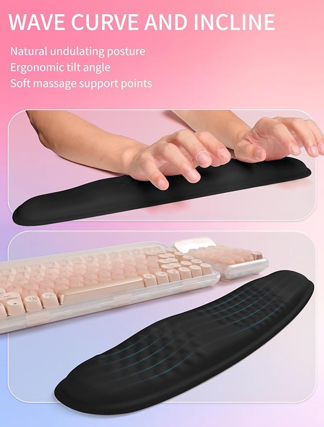 Hokafenle 2in1 Combination Wave Keyboard Wrist Rest and Ergonomic Curvature Mouse Pad Wrist Support for Relieve Wrist Pain Filled with Soft Cushion Memory Foam Black