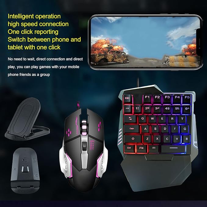 Dilwe One Hand RGB Gaming Keyboard and Backlit Mouse Combo USB Wired 35 Keys Keyboard 6 Keys Gaming Mouse Converter Set with Bracket for PC