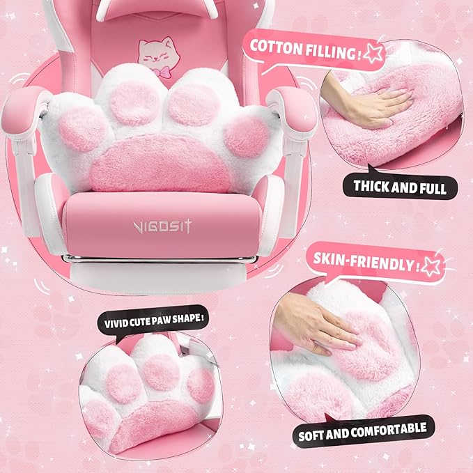 Pink Cat Ear Gaming Chair with Footrest - Cute Gaming Chair for Girls 310lbs Capacity Adjustable Height &amp Lumbar Support Ergonomic Computer Chair for Teens