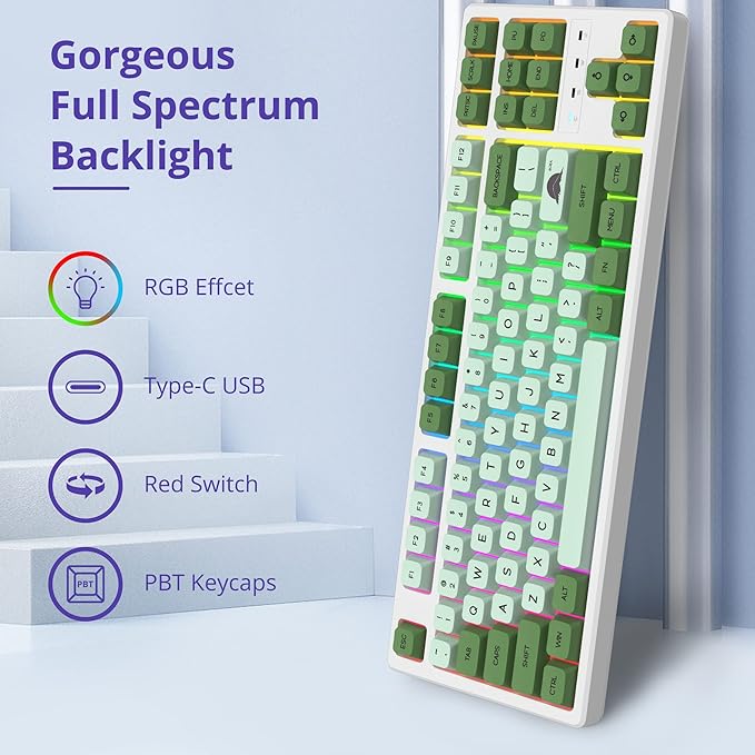 Fogruaden 75% Mechanical Keyboard with Red Switch RGB Backlit Gaming Keyboard 87 Keys Compact TKL Wired Keyboard for Win/Mac Laptop PC Gamer - Matcha