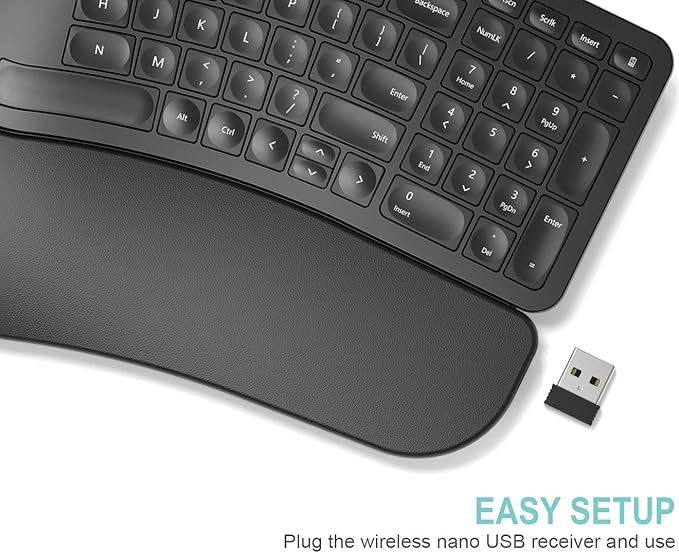Arteck Split Ergonomic Keyboard with Cushioned Wrist and Palm Rest 2.4G USB Wireless Comfortable Natural Ergonomic Split Keyboard for Windows Computer Desktop Laptop