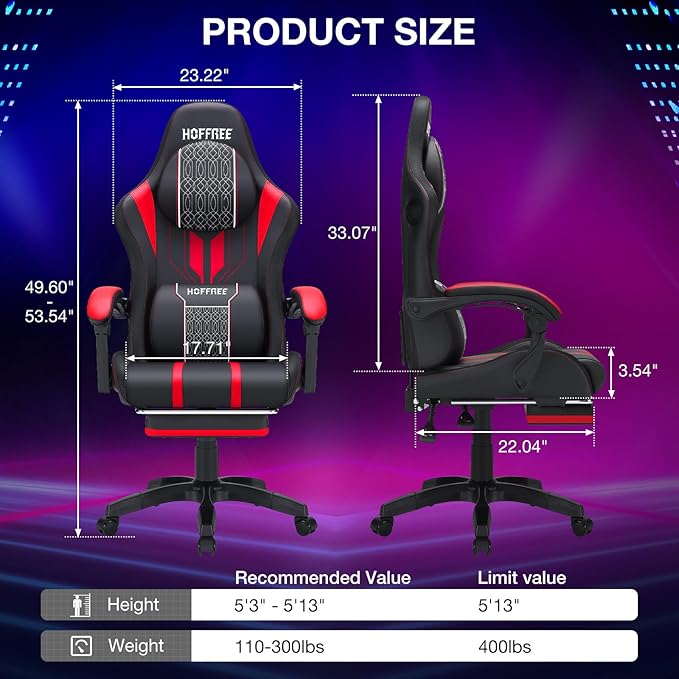 HOFFREE LED Gaming Chair with Speakers and Massage Video Game Chair Big and Tall with Footrest Gamer Chair for 400lbs Computer Desk Chair Red and Black Red+black HOGC-MAX303