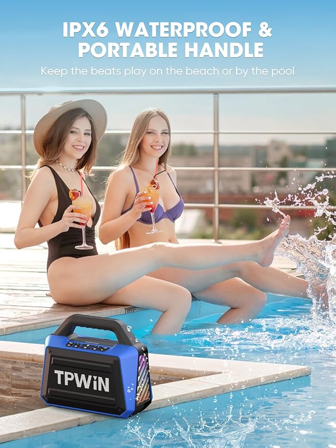 Portable Bluetooth Speakers Loud - Wireless Speaker 80W Peak Light Show 20H Playtime Strong Bass BT 5.3 TWS IPX6 Waterproof for Outdoor Travel Beach Camping - Blue