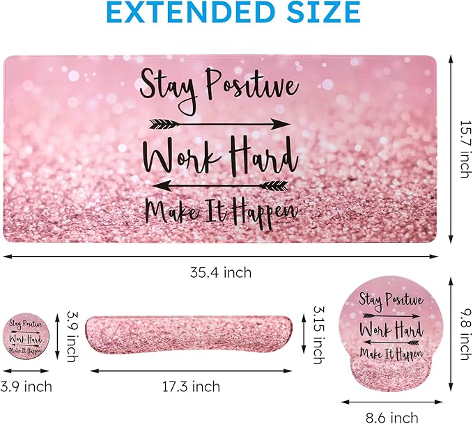 iCasso Mouse PadLarge Pink Desk Mat Set 4in1 XXL Mousepad + Keyboard Wrist Rest+Mouse Wrist Rest+Coaster with Ergonomic Desk Pad for Home Office Table Computer Cover -Pink Stay Positive