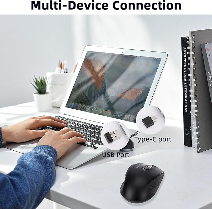 Wireless Mouse with Bluetooth USB-A USB-C Receiver Rechargeable Full-Size Mouse Silent Ergonomic for MacBook/Laptop/Computer/PC/iPad-Black