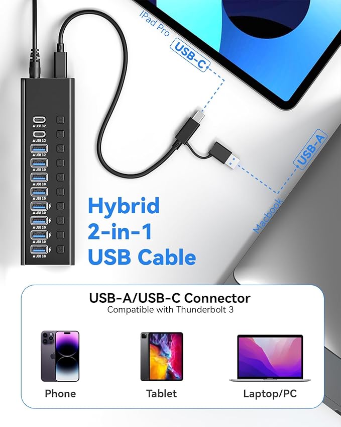 Powered USB Hub 3.210-Port USB 3.2/USB C Hub (10Gbps USB-A 3.2 +2 USB-C 3.2 +7 USB 3.0 Ports) with Individual On/Off Switches and 12V Power Adapter Aluminum USB Hub Powered for Laptop PC