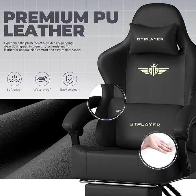 GTPLAYER Gaming Chair with Pocket Spring Cushion Big and Tall Gamings Chairs 350LBS High Back Computer Chair with Footrest for Adults Lumbar Support Swivel Game Chair for OfficeLeather Black-Massage