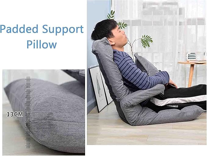 Floor Cushion Folding Bed Chair with Armrest Portable Floor Lounger with Adjustable Back Rest (Color : Grey)