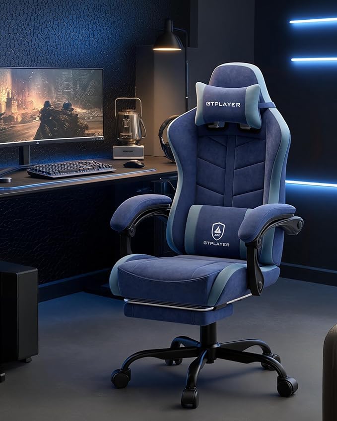 GTPLAYER Gaming Chair for Adults Ergonomic Computer Gaming Chair with Footrest Height Adjustable 90-155° Recline &amp Removable Headrest Lumbar Support Blue
