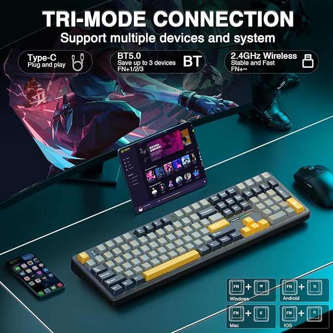 AULA F108 Wireless Mechanical Keyboard BT5.0/USB-C/2.4GHz Hot Swappable Custom Gaming Keyboards PBT Keycaps Pre-lubed Switches RGB Backlit Full Size Creamy Keyboard with Number Pad 108 Keys