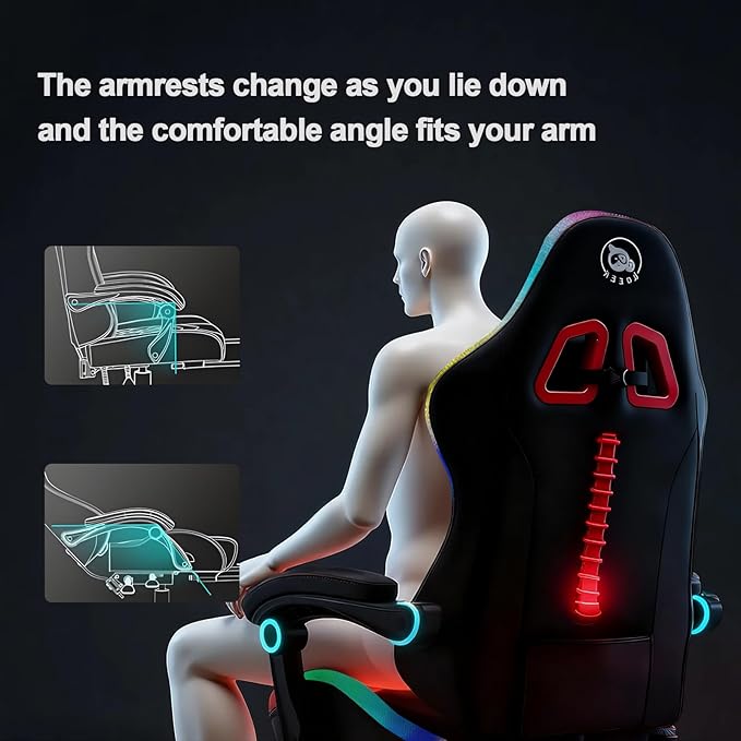 Kechen Gaming Chair LED Light Gaming Chair with Footrest and Massage Big and Tall Computer Chair with Lumbar Support Gaming Chairs for Adults with Pocket Spring Cushion (LED Light Red/Black)
