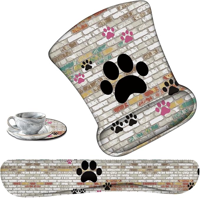 Keyboard Wrist Support + Wrist Mousepad + Coaster Combination Non-Slip PU Base with Gel Memory Mousepad Suitable for Gaming Office Pain Relief Mousepad Set - Cute Dog Paw Prints