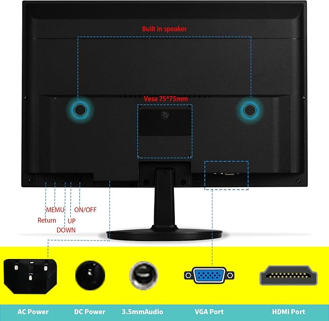 19 1440x900 PC Monitor Office Monitor HDMI VGA LED Desktop Display Dual Speakers60Hz5msVESA MountingWide Viewing Angle 170°Brightness 300cd/m²Tilt AdjustBusiness Computer Screen